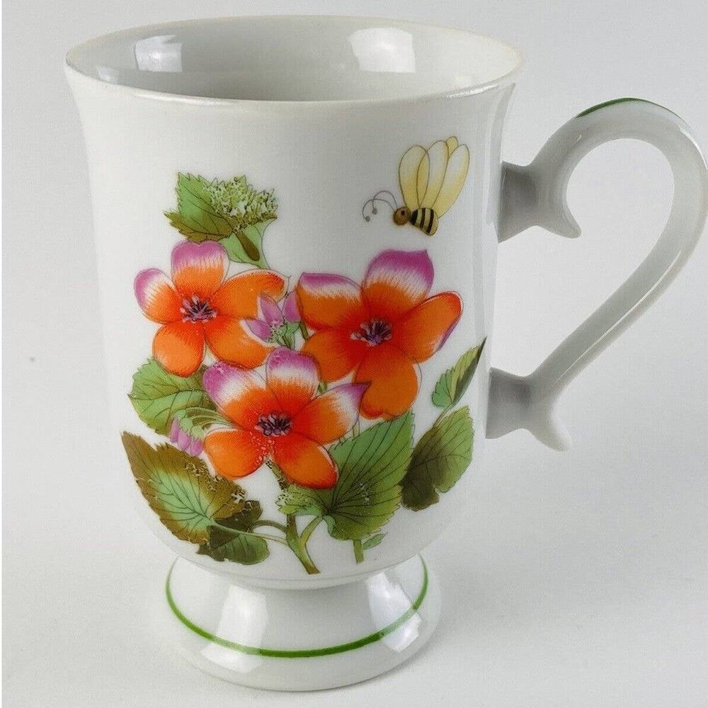 Vintage Retro Japan Orange Flower Bee Bumblebee Footed Pedestal Mug Cup Otagiri